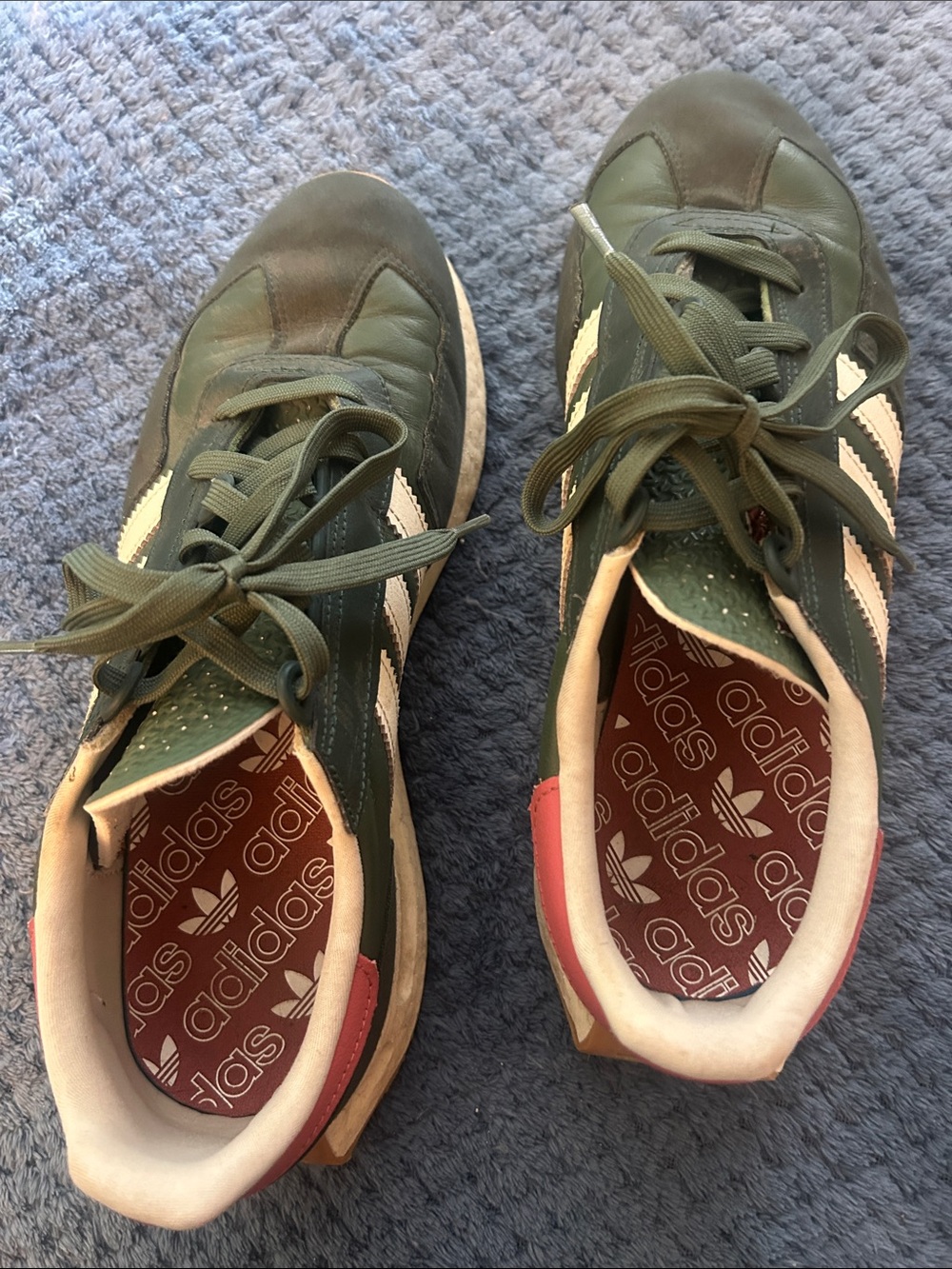 adidas Olive Green & White Retro Runner Sneakers with Red Heel Accent